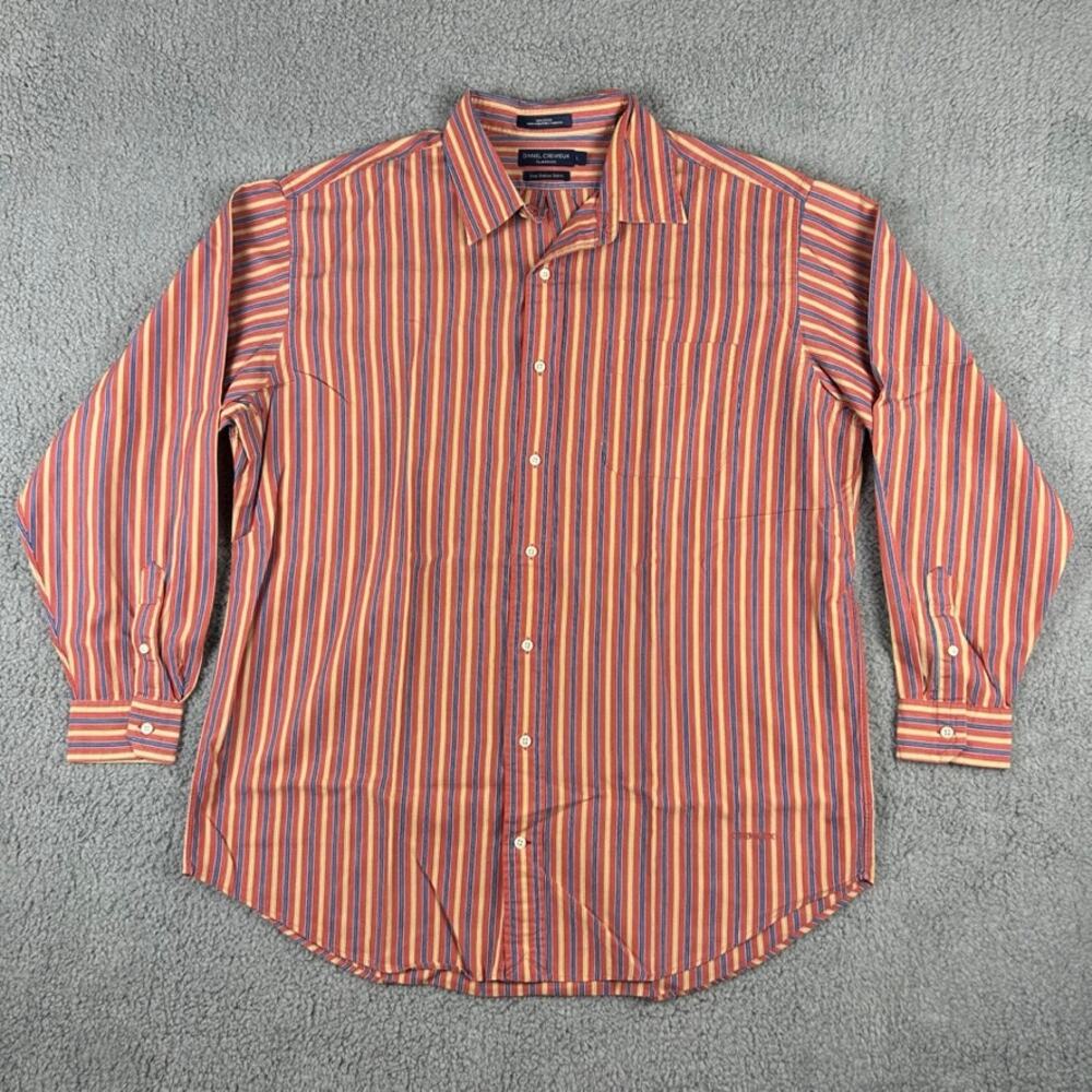 Daniel Cremieux Men's L Orange Striped 100% Cotton Long Sleeve Button Up Shirt